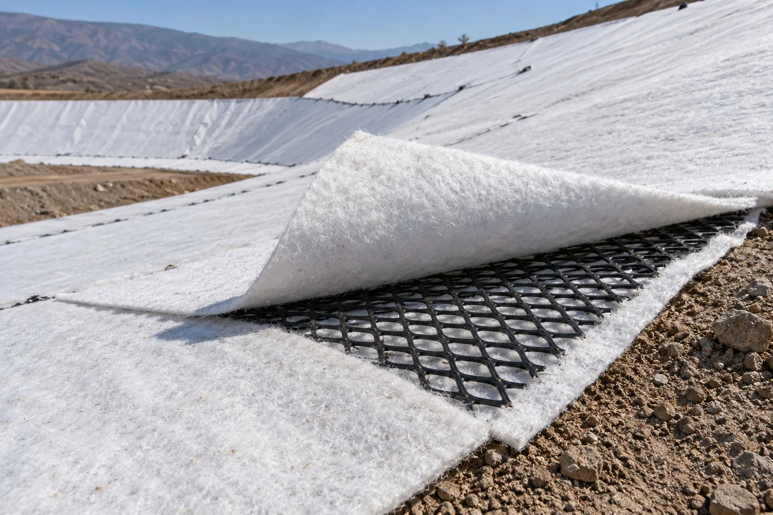 Geocompuesto drenante con la georred de HDPE visible entre dos geotextiles (imagen referencial).