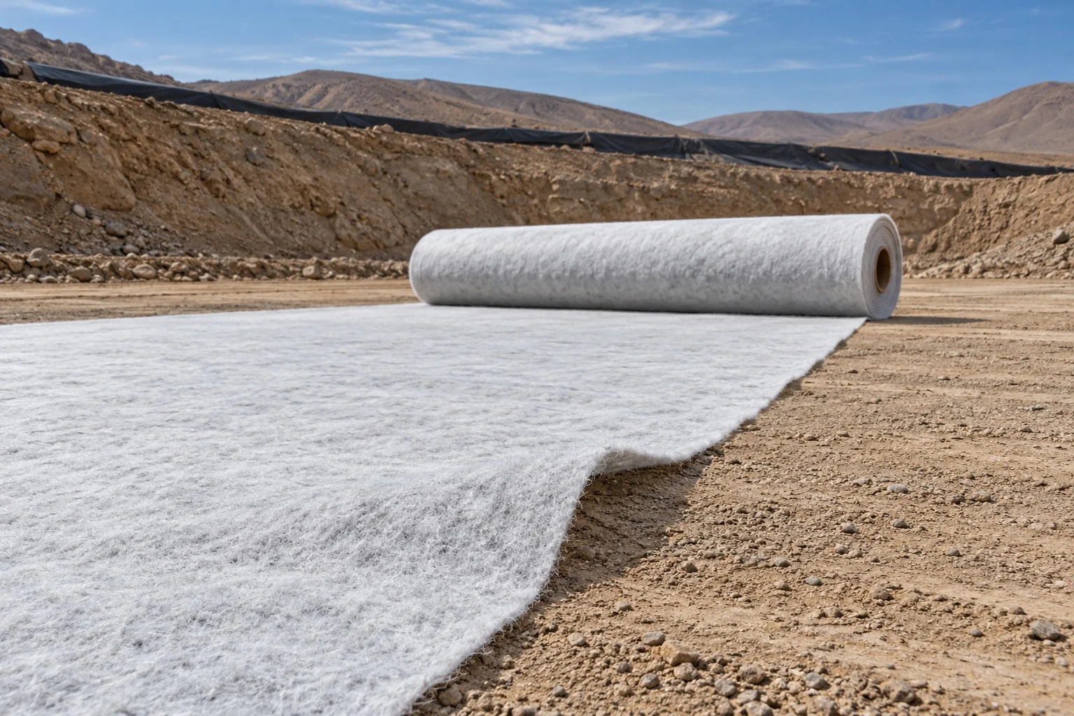 Rollo de geotextil no tejido desenrollado sobre suelo compactado en una obra.
