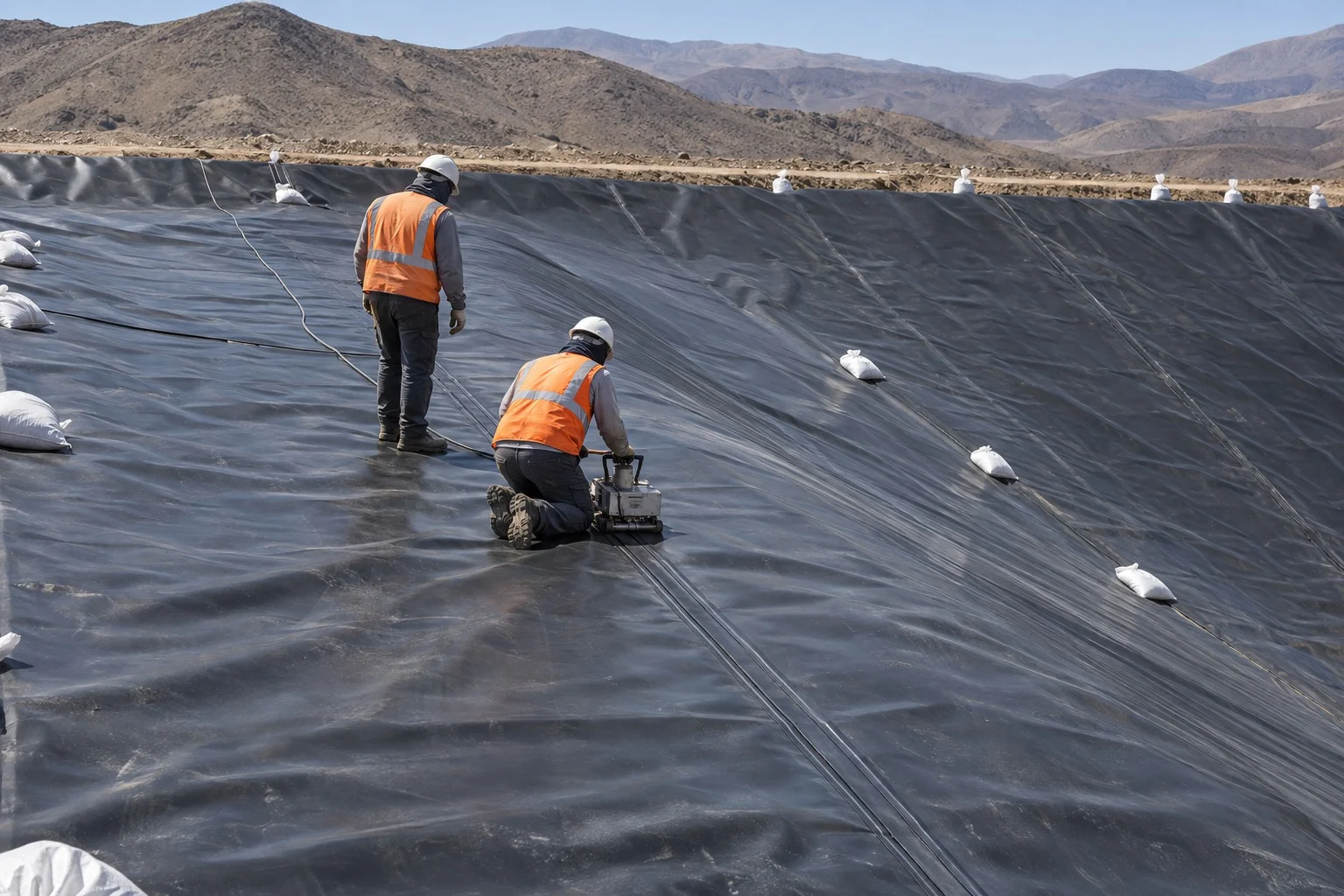 Técnicos soldando paños de geomembrana HDPE con soldadora de cuña caliente en el talud de un estanque.